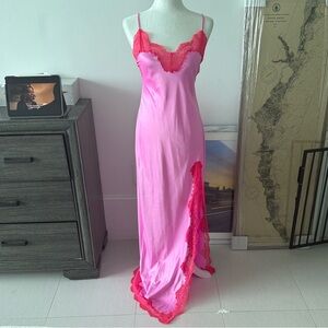 SKIMS Pink Maxi Dress with Red Lace